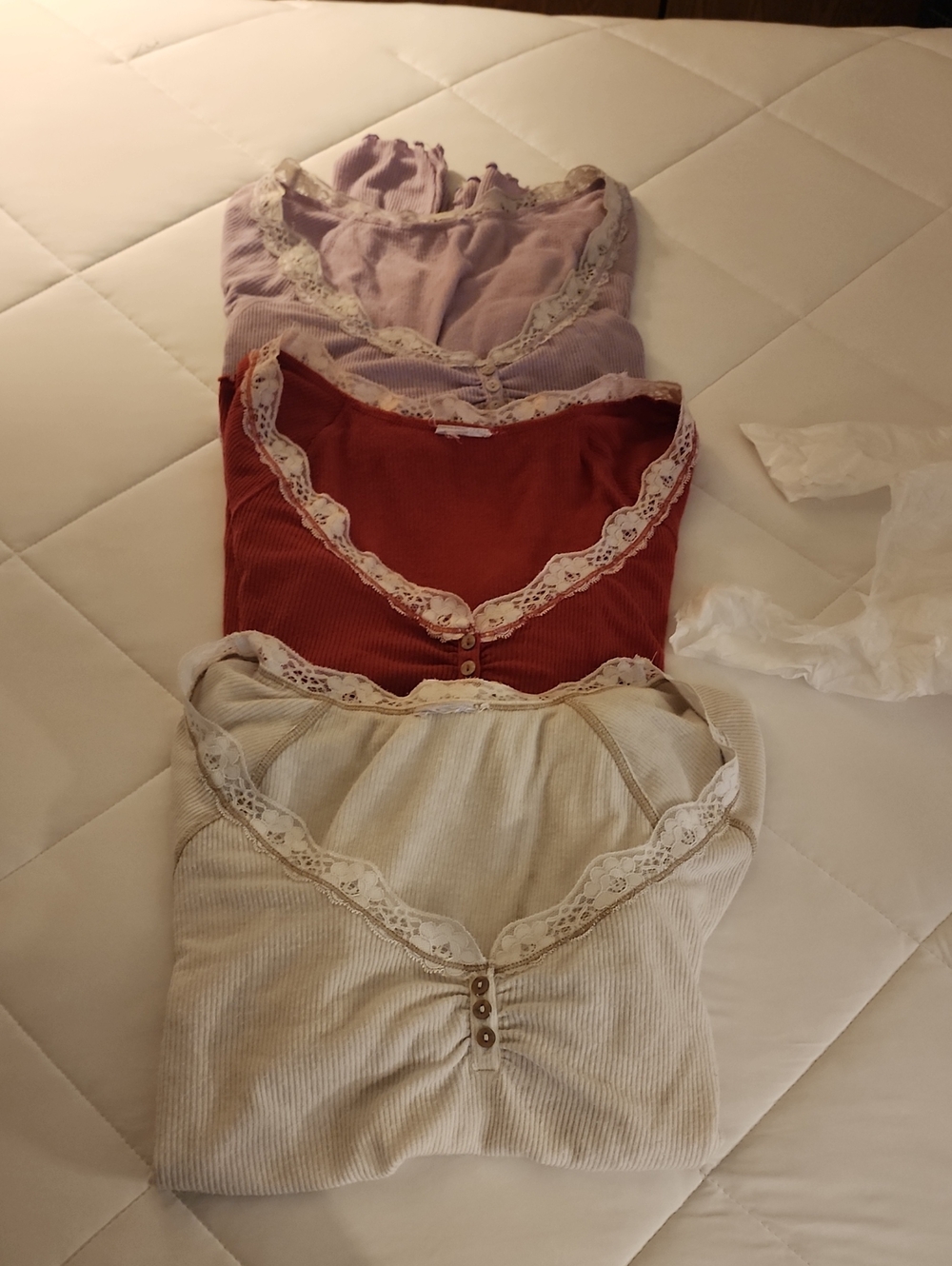 Urban Outfitters Lace-Trim Ribbed Henleys - Cream  Lavender & Red 3 For $25